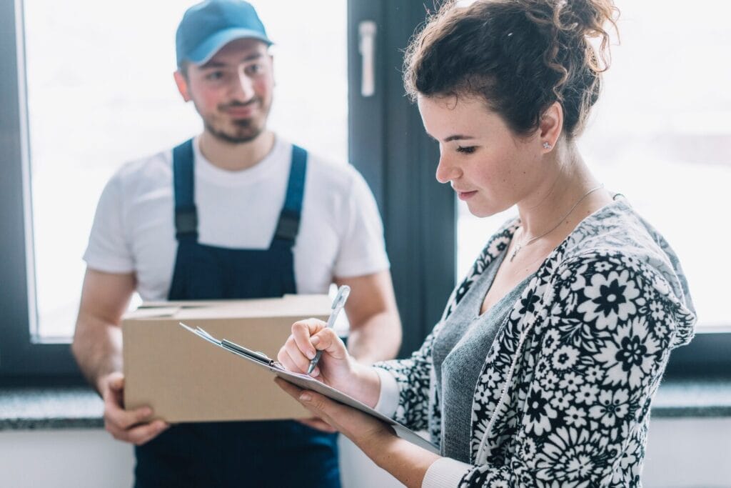 woman signing clipboard near courier 23 2147787866